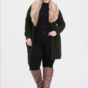 OUTLANDER GREEN FAUX FUR COLLAR SELF-TIE CARDIGAN
